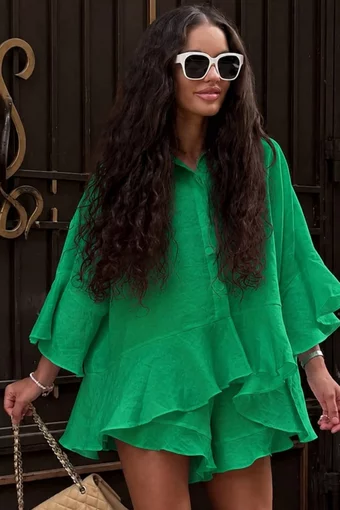 Compleu Lejer de Dama, din Tesatura Tip In, Camasa si Fusta Pantalon, Murano, Verde