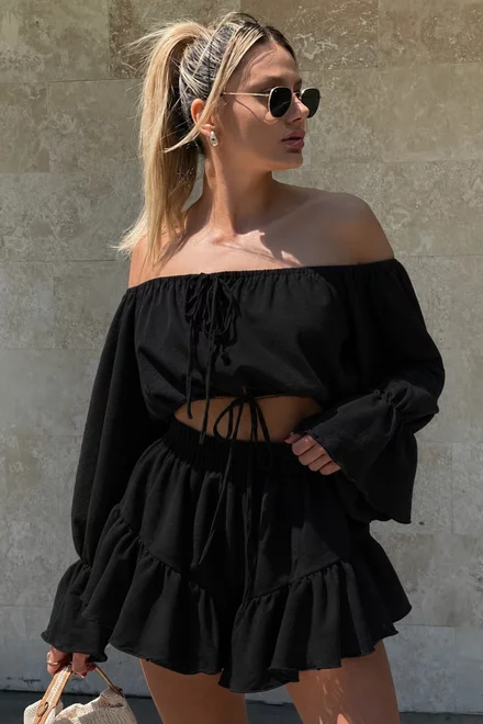 Compleu Lejer de Dama, din Tesatura Tip In, Top si Fusta Pantalon, Skiathos, Negru