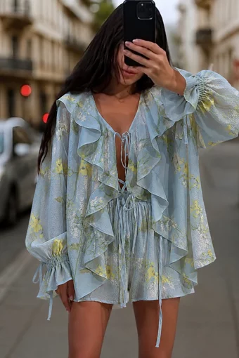 Compleu Lejer de Dama, din Voal, Camasa cu Volane si Pantaloni Lejeri, Something, Imprimeu Floral