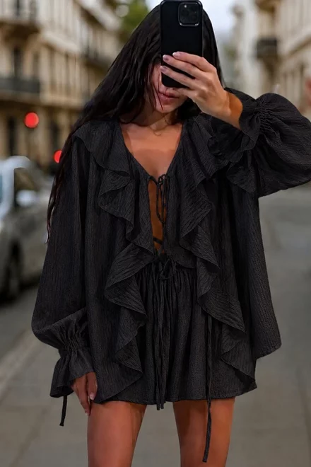 Compleu Lejer de Dama, din Voal, Camasa Lejera si Fusta Pantalon, Origilans, Negru