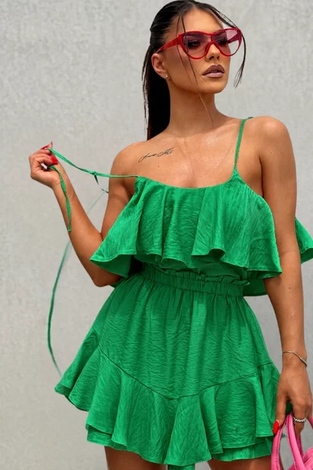 Compleu Lejer din Tesatura Tip In, Top si Fusta-Pantalon, Aylin, Verde