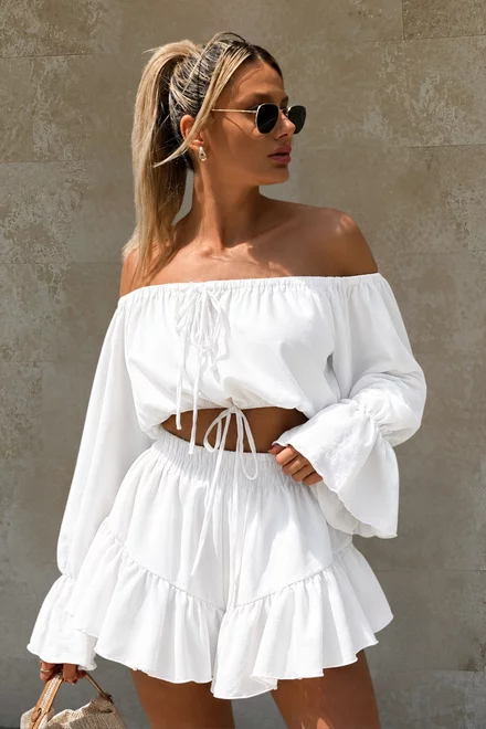 Compleu Lejer, din Tesatura Tip In, Top si Fusta Pantalon cu Volane, Arriana, Alb