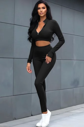 Compleu Mulat de Dama, din Lycra, Top cu Inchidere Fermoar si Pantaloni, Ariss, Negru