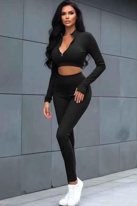 Compleu Mulat de Dama, din Lycra, Top cu Inchidere Fermoar si Pantaloni, Ariss, Negru