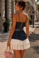 Compleu Scurt de Dama, din Denim, Top cu Snur Reglabil si Fusta cu Poplin Alb, Kaliope, Blue