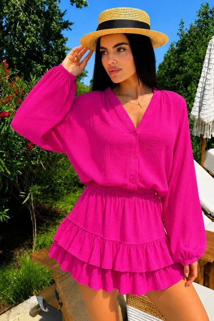 Compleu Tip In, din Doua Piese, Fusta-Pantalon cu Volane si Camasa cu Maneci Lungi, Marisse, Fuchsia