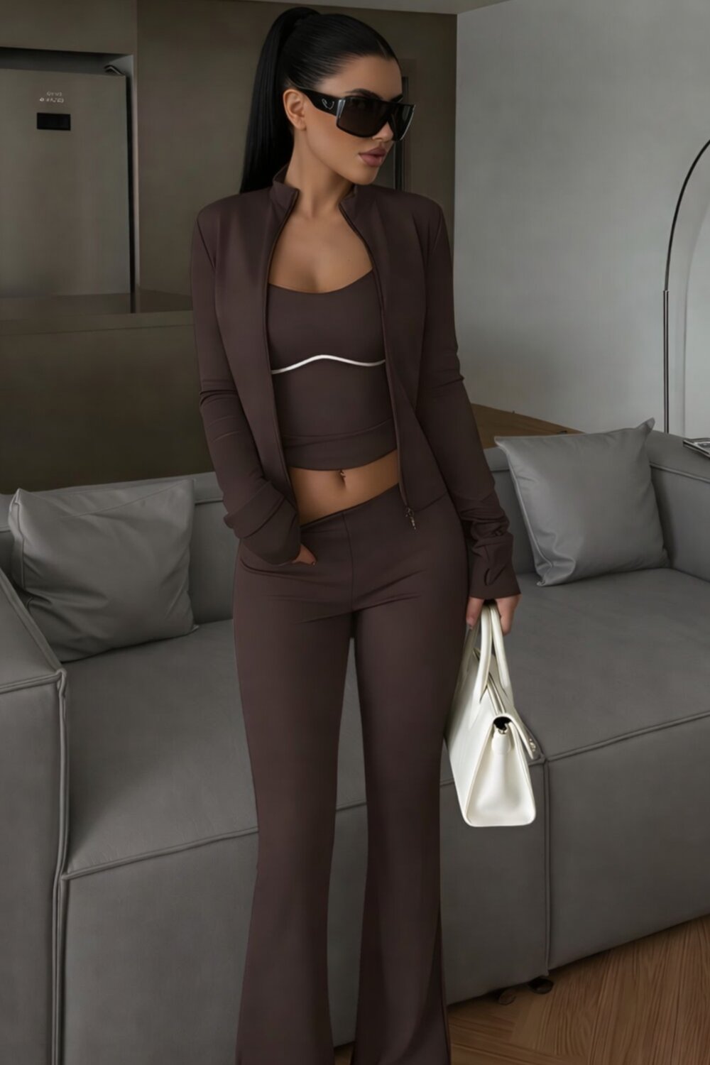FOGGI Compleu Trei Piese, Din Lycra, Bluza Cu Inchidere Fermoar, Maieu Si Pantaloni Evazati, Verliss, Maro