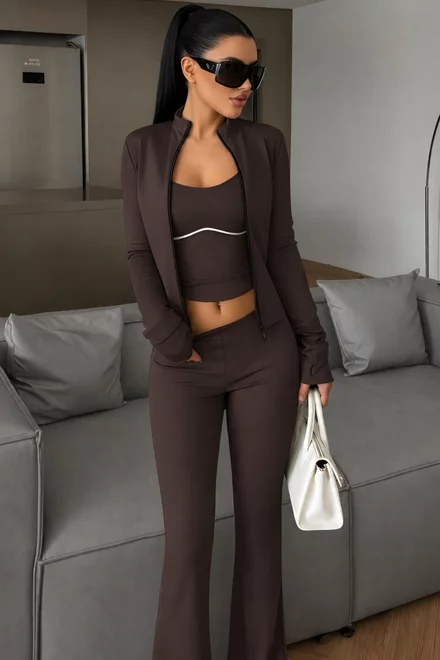 Compleu Trei Piese, din Lycra, Bluza cu Inchidere Fermoar, Maieu si Pantaloni Evazati, Verliss, Maro