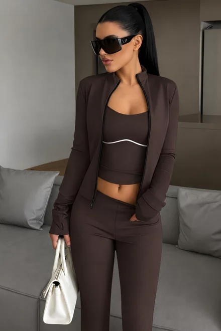 Compleu Trei Piese, din Lycra, Bluza cu Inchidere Fermoar, Maieu si Pantaloni Evazati, Verliss, Maro