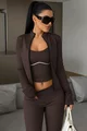 Compleu Trei Piese, din Lycra, Bluza cu Inchidere Fermoar, Maieu si Pantaloni Evazati, Verliss, Maro