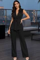 Costum de Dama, din Bistrech, Sacou Fara Maneci si Pantalon Lejer, Hauston, Negru