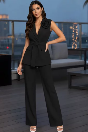 Costum de Dama, din Bistrech, Sacou Fara Maneci si Pantalon Lejer, Hauston, Negru