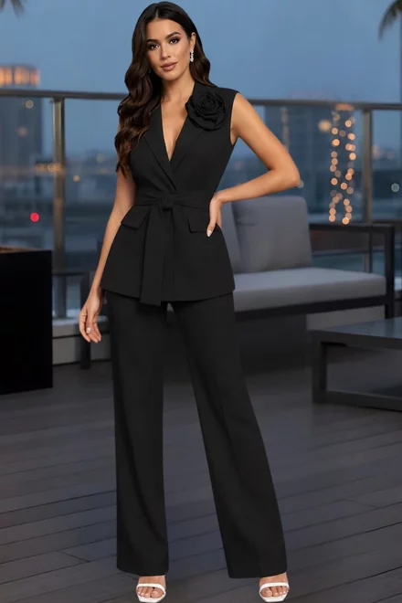 Costum de Dama, din Bistrech, Sacou Fara Maneci si Pantalon Lejer, Hauston, Negru