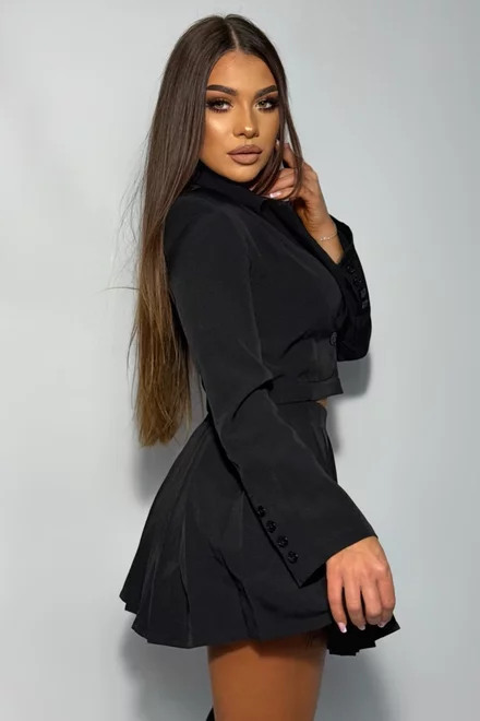 Costum de Dama, din Doua Piese, Fusta Plisata si Sacou Scurt, Crown, Negru