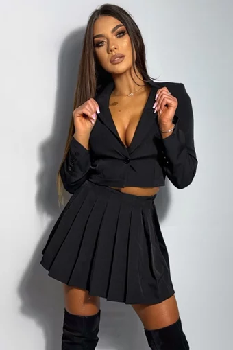 Costum de Dama, din Doua Piese, Fusta Plisata si Sacou Scurt, Crown, Negru