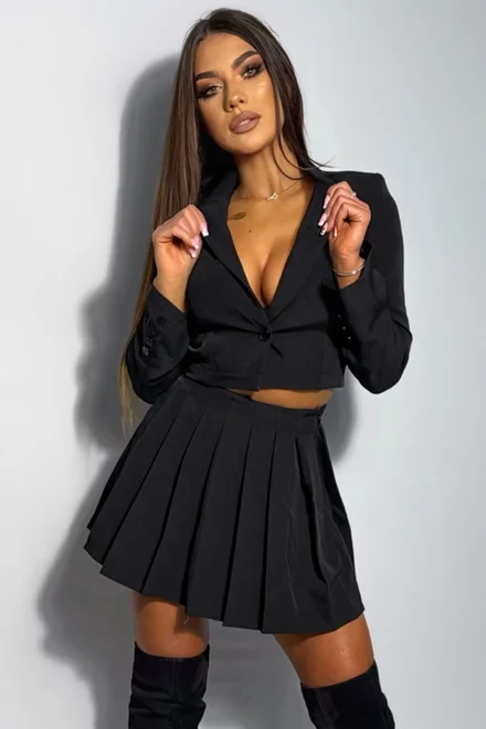 Costum de Dama, din Doua Piese, Fusta Plisata si Sacou Scurt, Crown, Negru