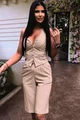 Costum de Dama din Doua Piese, Pantalon Scurt la Dunga si Vesta Incheiata in Nasturi, Latte Capuccino