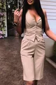Costum de Dama din Doua Piese, Pantalon Scurt la Dunga si Vesta Incheiata in Nasturi, Latte Capuccino