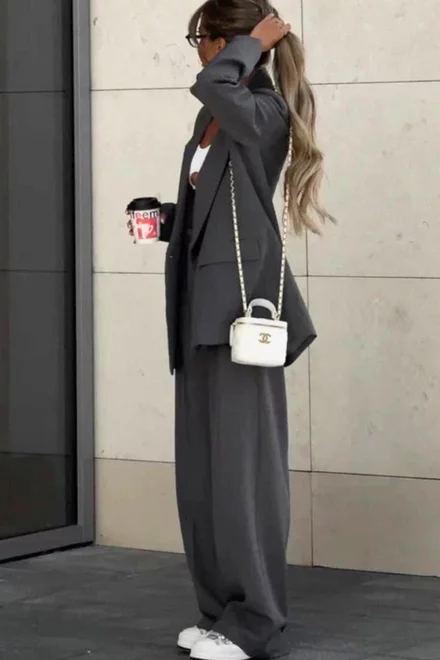 Costum de Dama, din Doua Piese, Sacou si Pantalon Lejer din Bistrech, Emporryo, Gri