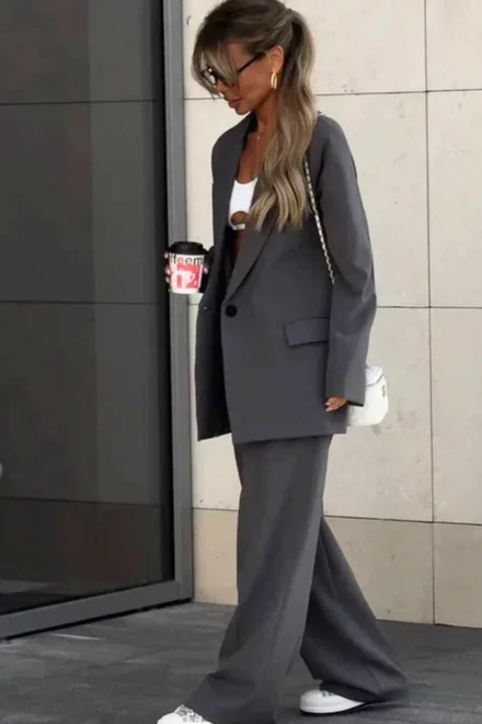 Costum de Dama, din Doua Piese, Sacou si Pantalon Lejer din Bistrech, Emporryo, Gri