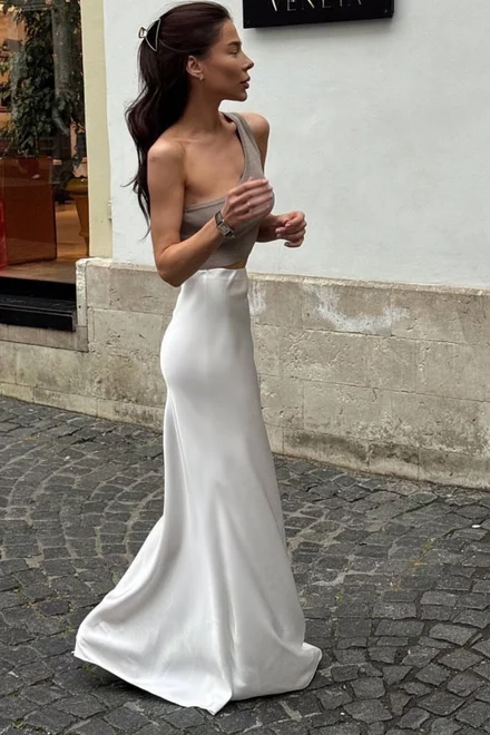 Fusta Lunga de Dama, din Satin, cu Inchidere Fermoar, Bride, Alba