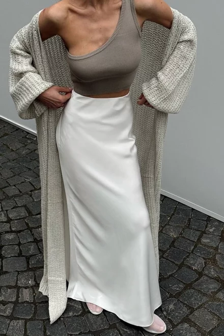 Fusta Lunga de Dama, din Satin, cu Inchidere Fermoar, Bride, Alba