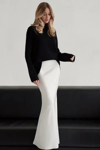 Fusta Lunga de Dama, din Satin, cu Inchidere Fermoar, Bride, Alba