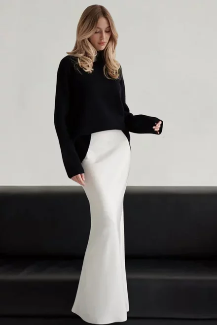 Fusta Lunga de Dama, din Satin, cu Inchidere Fermoar, Bride, Alba