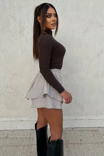 Fusta-Pantalon de Dama, din Bumbac, cu Elastic in Talie, in Carouri, Vienne, Bej