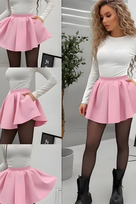 Fusta-Pantalon de Dama, Scurta, din Bistrech, cu Elastic in Talie, Elianna, Roz Bon-Bon