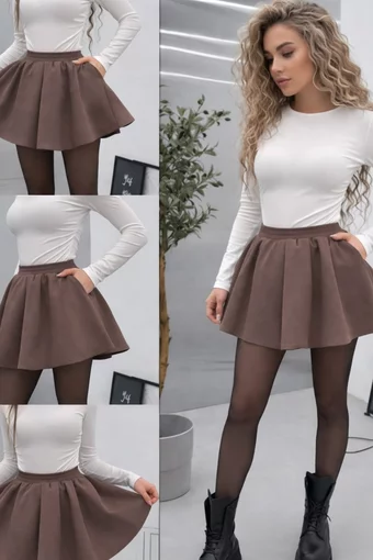 Fusta-Pantalon din Bistrech, cu Elastic in Talie, Kleotra, Maro Cacao