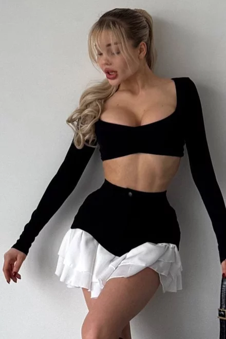 Fusta Scurta de Dama, cu Volane si Dublura Contrastanta in Talie, Women, Neagra