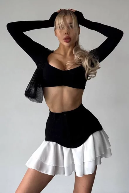 Fusta Scurta de Dama, cu Volane si Dublura Contrastanta in Talie, Women, Neagra