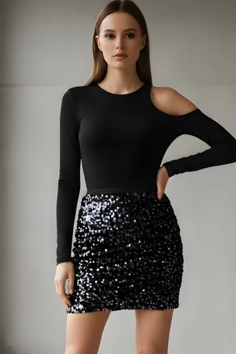 Fusta Scurta de Dama, din Paiete, cu Inchidere Fermoar, Belle, Neagra