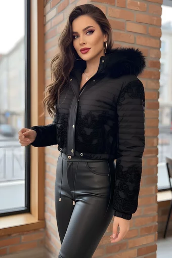 Geaca Bomber din Fâș Imprimat, Material Matlasat, cu Fermoar, si Buzunare Laterale, Versate, Neagra