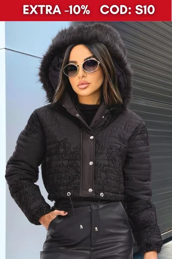 Geaca Bomber din Fâș Imprimat, Material Matlasat, cu Fermoar, si Buzunare Laterale, Versate, Neagra
