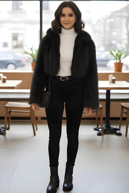 Geaca de Dama, din Blana, cu Gluga, Glazze, Neagra