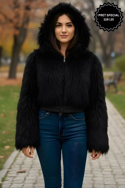 Geaca de Dama, din Blana, cu Gluga, Glazze, Neagra