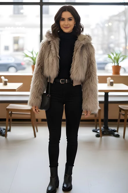 Geaca de Dama, din Blana, cu Gluga si Inchidere Fermoar, Stormy, Bej