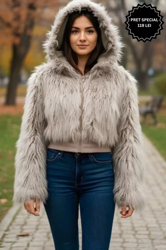 Geaca de Dama, din Blana, cu Gluga si Inchidere Fermoar, Stormy, Bej