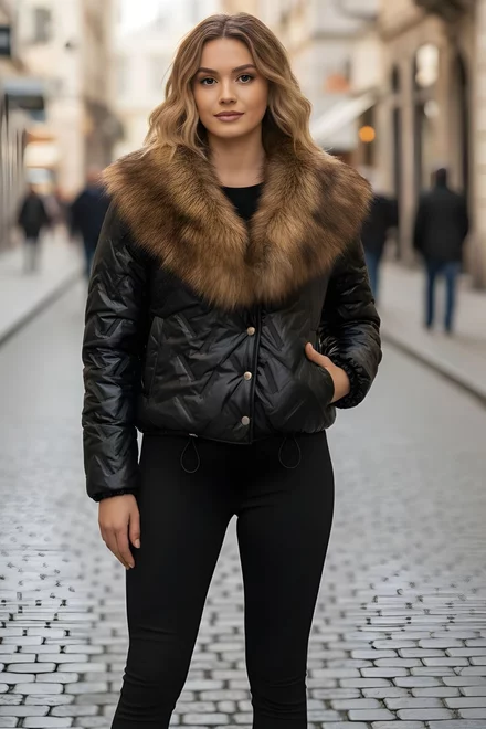 Geaca de Dama, din Fas, cu Inchidere si Guler din Blana, Frozzen, Neagra