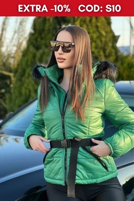 Geaca  de Dama LUXXURY din Fas, Fata Dubla,cu Gluga si Blana, cu Fermoare si Centura in Talie, Verde