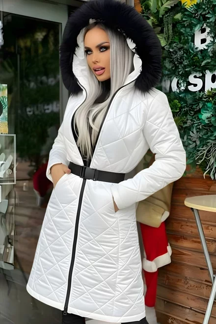 Geaca Lunga de Dama, din Fas Matlasat, cu Cordon si Blana Neagra Detasabila, Melania , Alba