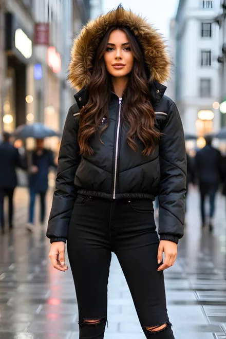 Geaca Scurta de Dama, din Fas, cu Gluga, Tannya, Neagra