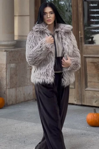 Haina de dama ,din Blana Ecologica ,cu Inchidere Fermoar ,Sienna, Bej