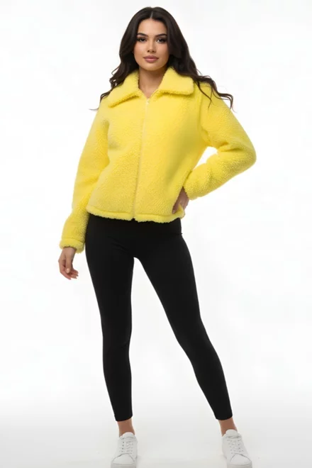Haina de Dama, Material Pufos Tip Teddy, cu Inchidere Fermoar, Sunnia, Galbena