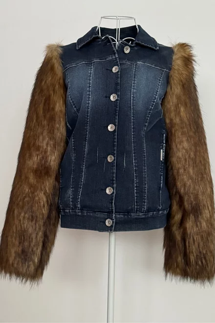 Jacheta Dama din Jeans, Bomber, cu Maneci din Blana, cu Buzunare Laterale, Jade, Blue