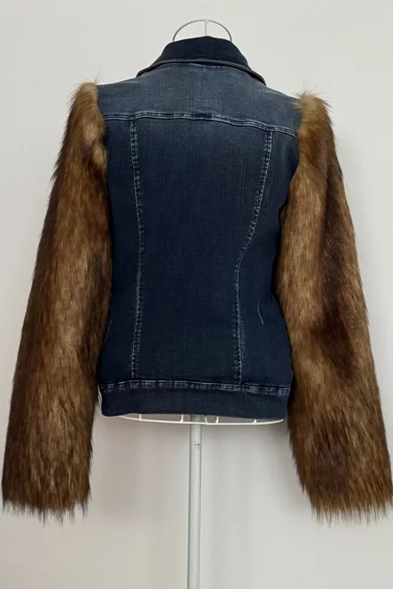 Jacheta Dama din Jeans, Bomber, cu Maneci din Blana, cu Buzunare Laterale, Jade, Blue