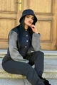 Jacheta Dama din Lână, tip College cu Manecile in Contrast, si cifra 7 pe Spate, Bleumarin