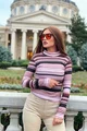 Maleta Dama din Pulover, pe Gat, cu Maneca Lunga, Dungi Lila/Roz